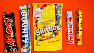 🍲 Satisfying Video 🍌 New Some Lot’s of Candies ASMR 🍌 Skittles, Fruit-tella, Meller, Bounty