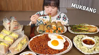 Cooking Mukbang :) black bean noodles, green onion kimchi, egg ham cheese sandwich, tofu roll.