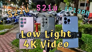 Galaxy S22 Ultra vs S21 Ultra vs iPhone 13 Pro Max Low Light 4K Video Test | Exynos Saga Again?