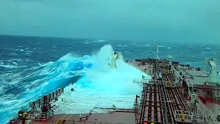 Massive Oil Tanker Ships Passes Sea at Large Waves In Storm