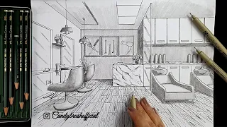 Drawing A Hair Salon In One Point Perspective | Timelapse