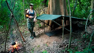 Solo Overnight Camping | Living Alone in Forest - Outdoor Laavu Tent | Beef Steak on Pan