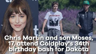 Chris Martin and son Moses attend Coldplay's 34th birthday bash for Dakota Johnson