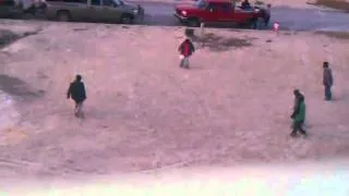 Mexicans workers playing soccer in cold morning