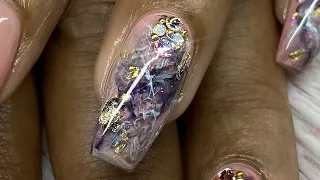 How to: Amethyst Opalescent Marble French Nails with Gold Accents and Swarovski Crystals