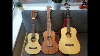 The three sizes of travel guitar with sound comparisons