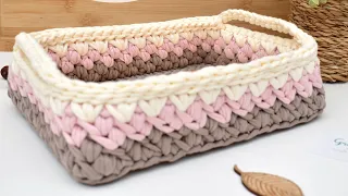 Crochet Rectangular Nursery basket using wooden base and tshirt yarn