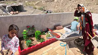 Flower Planting Day: Single Mom and Children Decorate Their Yard