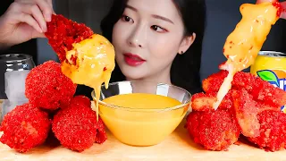 ASMR EXTREMELY CRISPY FLAMIN HOT CHEETOS FRIED CHICKEN, CHEESE STICKS * CHEESE DIPPING SAUCE MUKBANG