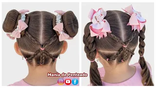 Penteado Fácil com Coques ou Maria Chiquinha | Two Buns our Ponytails Hairstyle for Little Girls