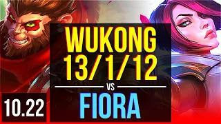 WUKONG vs FIORA (TOP) | 13/1/12, 69% winrate, Legendary, 6 solo kills | KR Grandmaster | v10.22