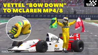 Amazing Scene! Sebastian Vettel Bowing Down to Ayrton Senna's 1993 MP4/8 in front of Imola Crowd