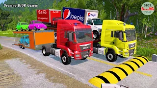 Double Flatbed Trailer Truck cars vs rails tractor vs train cars vs bollards Beamng Drive 296