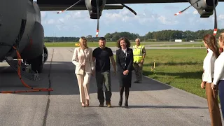 Ukrainian President Volodymyr Zelensky lands at an air force base in southern Denmark | AFP