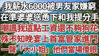 我薪水6,000被男友家嫌窮，在準婆婆慫恿下和我提分手，嘲諷我這點工資還不夠狗花，殊不知晚宴上首富管家進門，一聲「大小姐」他們當場傻眼。#家庭#情感故事 #中老年生活#中老年#深夜故事 【孤燈伴長情】