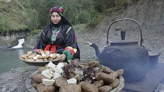 DAGESTAN. Tindi village woman makes traditional food - HINKAL. Russia Village life