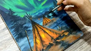 Northern lights painting for beginners | ASMR Acrylic painting step by step
