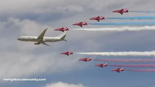 (4K) RIAT 2022. Fly Past P-8 Poseidon & Red Arrows. Royal Air Force.