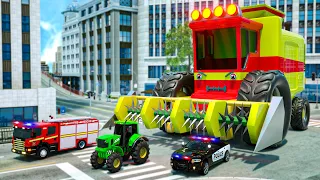 Vehículos de Emergencia vs Cosechadora Gigante🚒🚔🚑Dibujos animados de coches de emergencia para niños