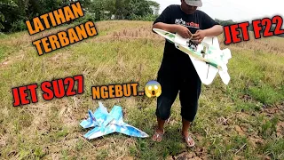 TES TERBANG Rc plane Jet SU 27 Biru Loreng dan Jet F22 Hijau Loreng Magic Board