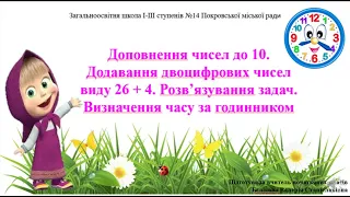 Додавання двоцифрових чисел виду 26 + 4. Розв’язування задач. Визначення часу за годинником