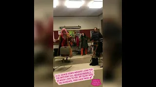 Katherine mcnamara and other cast dancing on set The Stand #106
