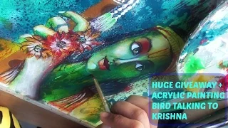 HUGE  GIVEAWAY + Bird talking to the Krishna acrylic painting on watercolor paper / How to paint