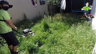 Satisfying Back Yard OVERGROWN Grass and Weed Cleanup! Mowing Video