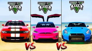 Nissan GTR vs Dodge Challenger vs Tesla Model X - GTA 5 Mods Super Cars Which is best?