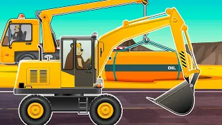 The Bear's Construction: How to make a gas station? Loader, Cement Mixer, Dump Truck, Wheeled crane