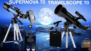 NEW 70/400 SUPERNOVA TELESCOP VS CELESTRON TRAVELSCOPE 70 SET UP,REVIEW,REAL IMAGES-PLANETS,DEEP SKY