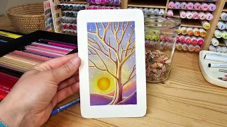 Draw a sunset with a tree! Colored pencil +alcohol markers tutorial. Sunset drawing time-lapse.