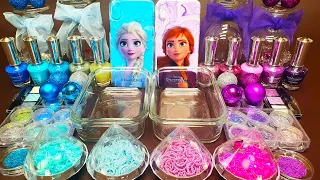 Mixing Frozen Elsa VS Anna makeup, eyeshadow and glitter into Slime. satisfying slime video ASMR