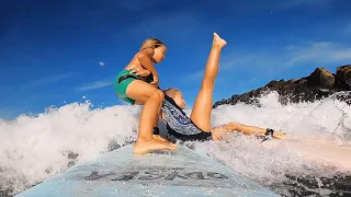 Little Brother SAVES Big Sister! Surf and Swim Lessons Routine in Hawaii.