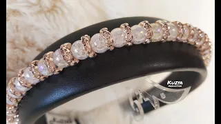 Elegant leather headband with beads | Черный кожаный ободок со снежными бусинами