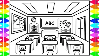 How to Draw a CLASSROOM for KIDS 🍏🎒📚✏️ Classroom Drawing for Kids | Classroom Coloring Pages Kids