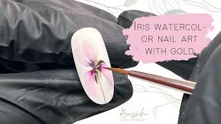 TUTORIAL l Watercolor nail art - Iris flower using watercolor paint & metallic gold for nail design.