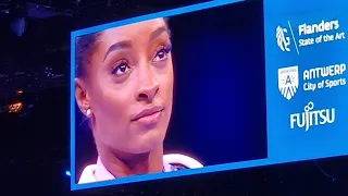 Simone Biles cries on Podium during National Anthem in Antwerp - All-around - World Championships 23