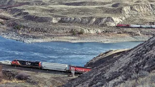 Two Massive Canadian Grain Trains Race East Thru Thompson Canyon with CN and CP Action!