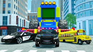 Giant Harvester VS Police Cars | Wheel City Heroes (WCH) Police Truck Cartoon - Big Bad Harvester