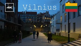 4k Vilnius, Lithuania evening walking tour in modern Paupys and bohemian Užupis district. April 2023