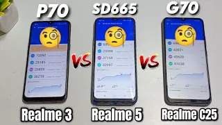 Realme 3 Vs Realme 5 Vs Realme C25 AnTuTu Benchmark Score | Mediatek Helio P70 Vs SD 665 Vs G70