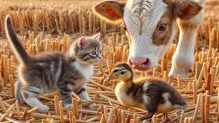 FUNNIEST Pets.The Surprising Encounter Between Kittens,Ducklings,Calves in the Rice Field🥰Funny Cute