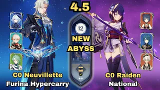 NEW 4.5 SPIRAL ABYSS! C0 Neuvillette Furina Hypercarry & C0 Raiden National | Genshin Impact