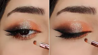 4 MINUTES Orange Black Smokey Eye Makeup Tutorial with Glitter 🟠⚫