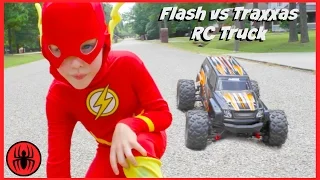 Superman vs FLASH vs RC MONSTER TRUCK Traxxas Edition superhero real life movie comic SuperHeroKids