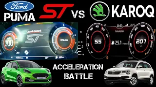 Battle Exhaust 2022 Ford Puma ST 1.5 EcoBoost vs 2021 Skoda Karoq 2.0 TSI accelerattion 0-200