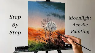 EASY Moonlight Landscape | FULL Acrylic Painting TUTORIAL