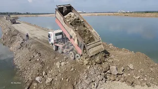 Amazing New road building across the big lake mighty machinery operators Bulldozer and trucks