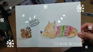 Watercolor | Cute Animals | Dog and Squirrel